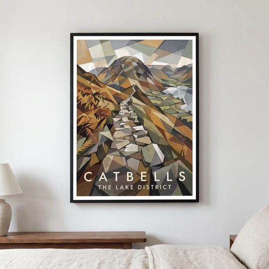 Catbells travel poster in a black frame, hanging in a bedroom3