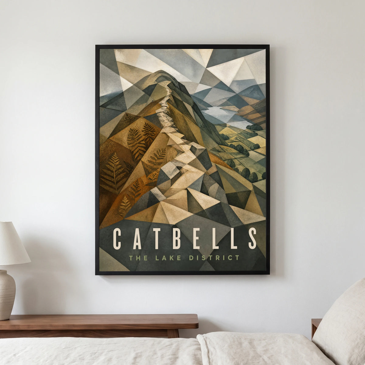 Catbells travel poster in a black frame, hanging in a bedroom3
