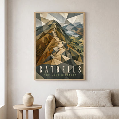 Catbells travel poster in a natural frame, hanging in a living