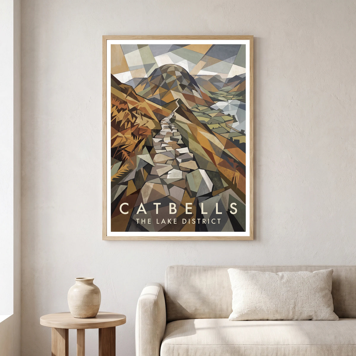 Catbells travel poster in a natural frame, hanging in a living