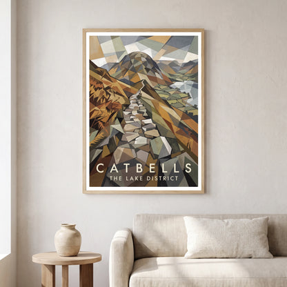 Catbells travel poster in a natural frame, hanging in a living