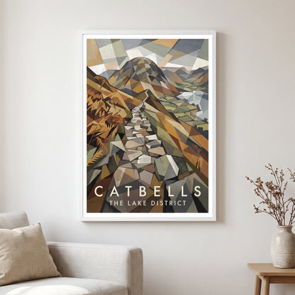 Catbells travel poster in a white frame, hanging in a living2