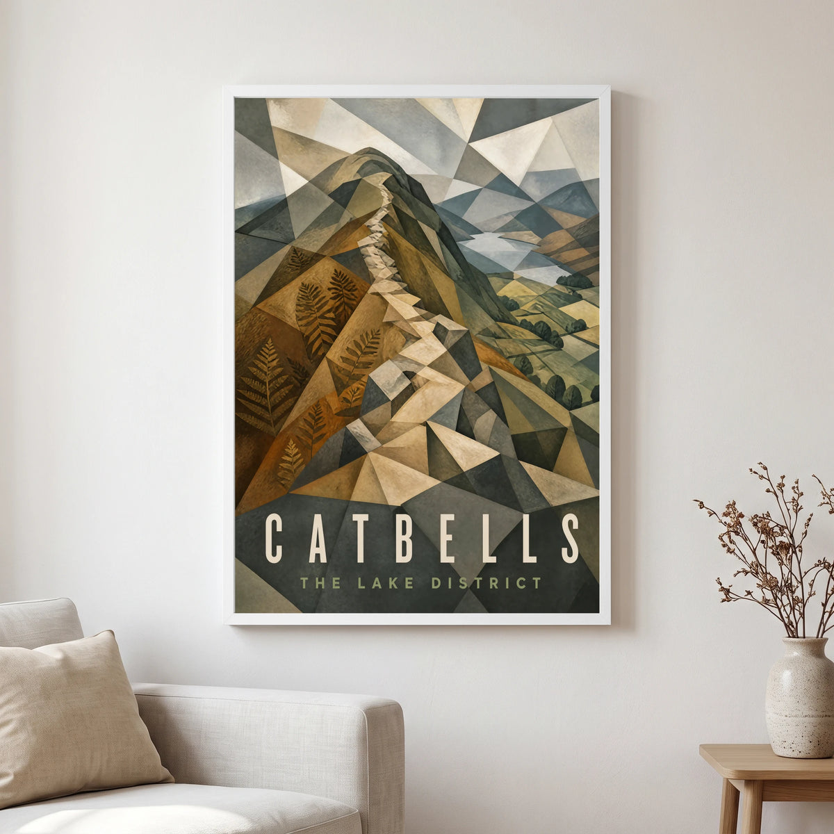 Catbells travel poster in a white frame, hanging in a living2