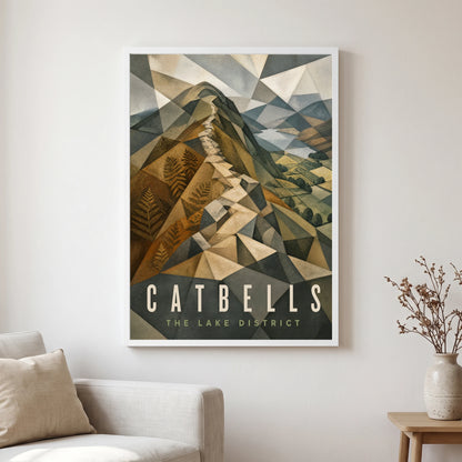 Catbells travel poster in a white frame, hanging in a living2