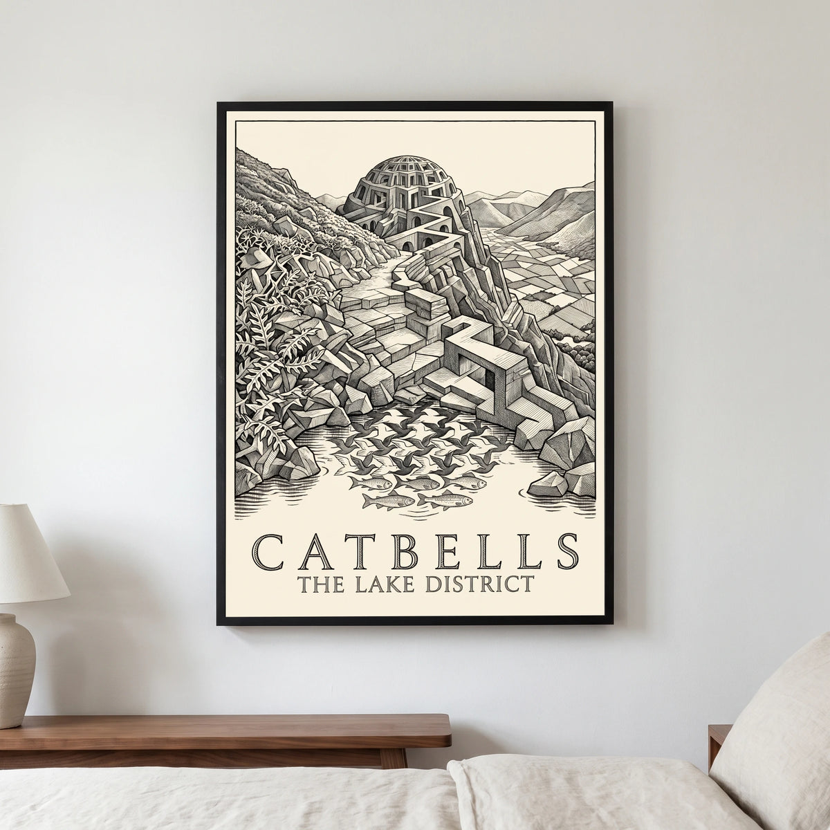 Catbells travel poster in a black frame, hanging in a bedroom3