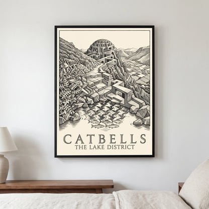 Catbells travel poster in a black frame, hanging in a bedroom3