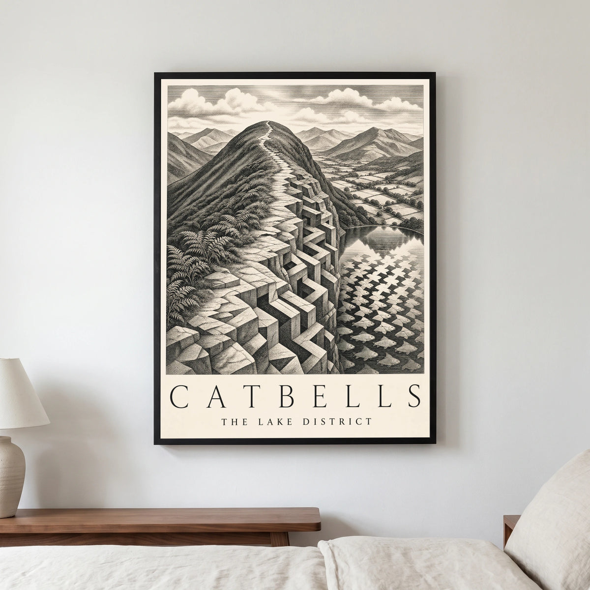 Catbells travel poster in a black frame, hanging in a bedroom3