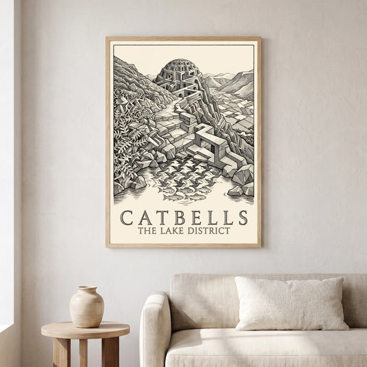 Catbells travel poster in a natural frame, hanging in a living