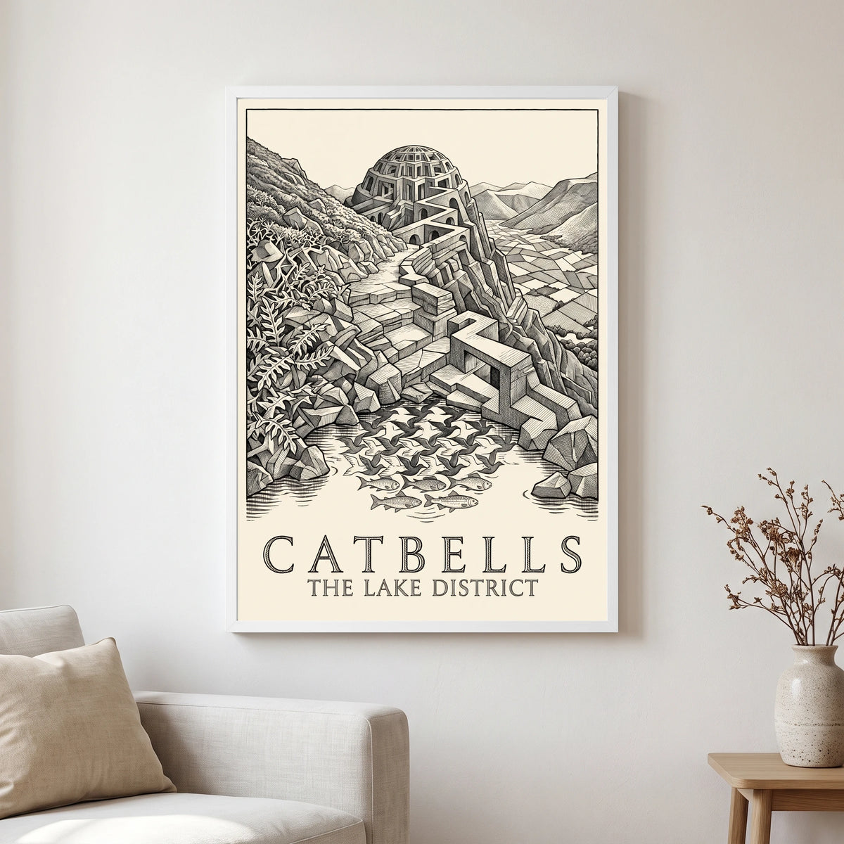 Catbells travel poster in a white frame, hanging in a living2