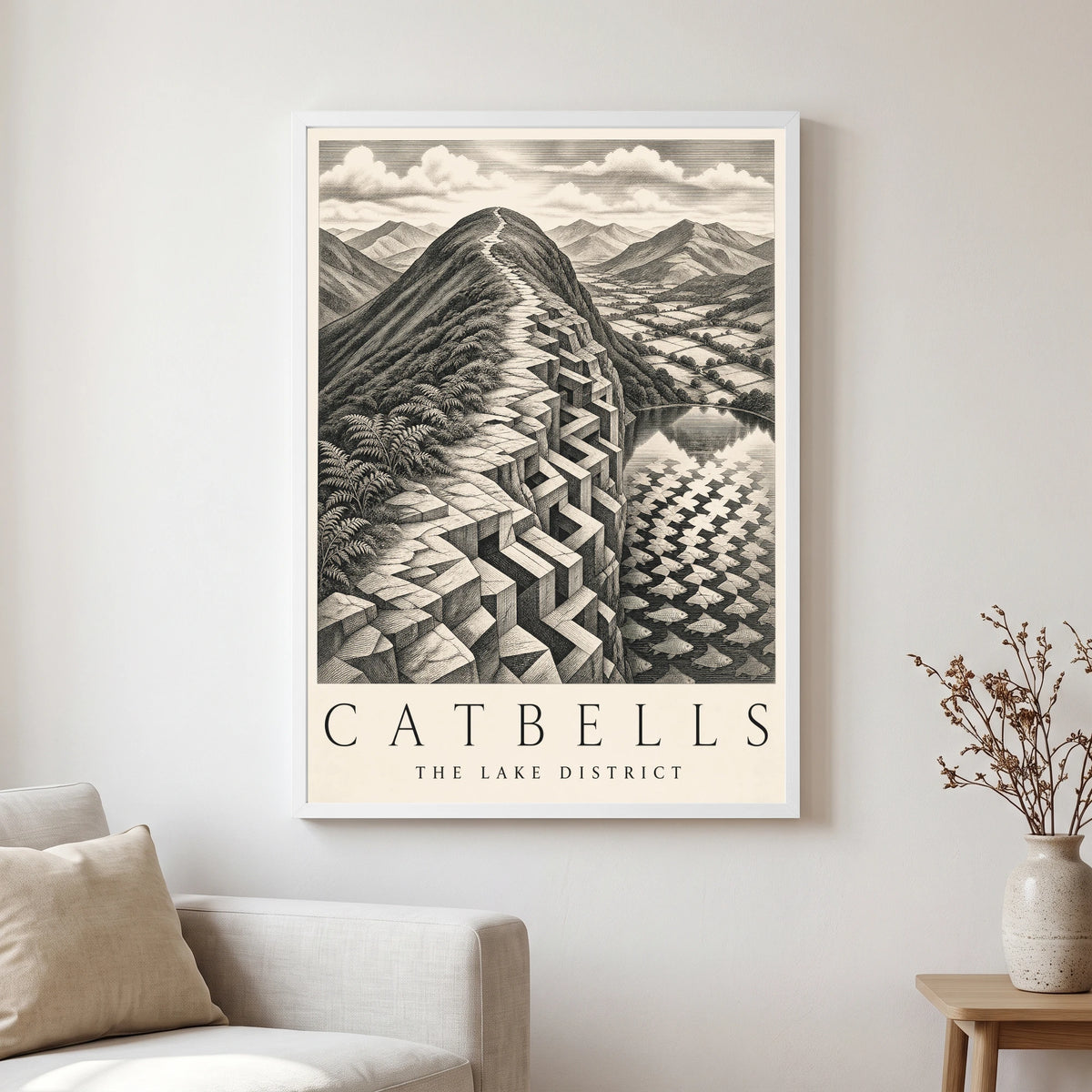 Catbells travel poster in a white frame, hanging in a living2