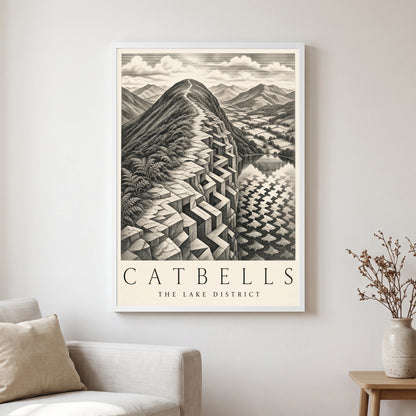 Catbells travel poster in a white frame, hanging in a living2