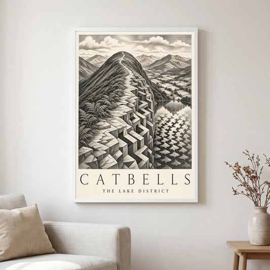 Catbells travel poster in a white frame, hanging in a living2