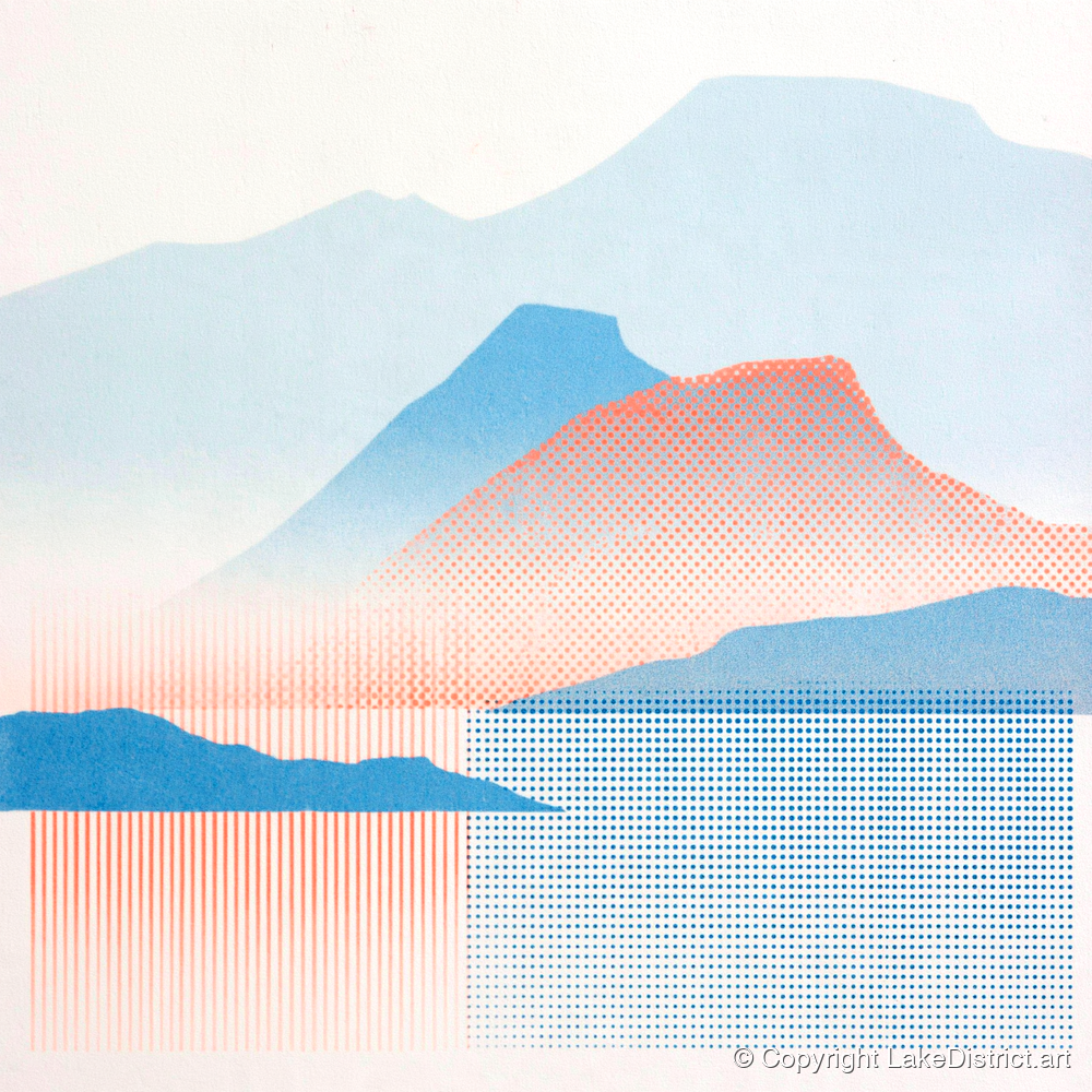 Catbells in Coral and Blue - lake district fell art print and canvas by Elliot Reid A.I