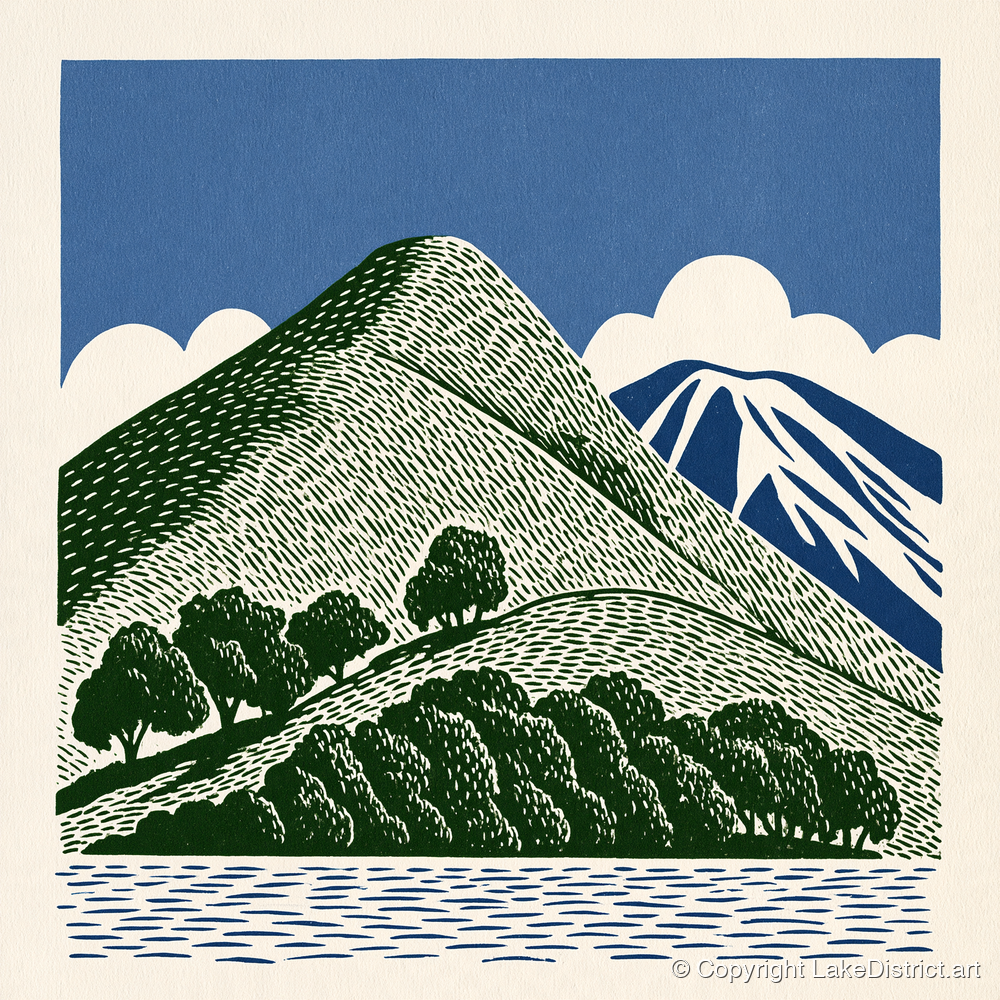 Catbells in Green and Navy - lake district fell art print and canvas by Reuben Shaw A.I