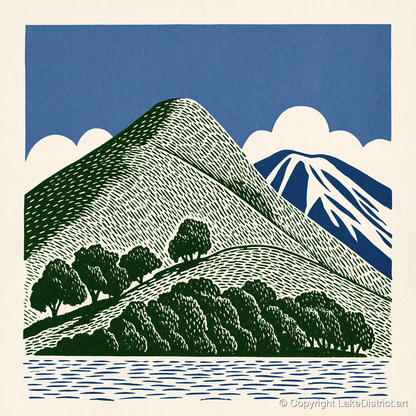 Catbells in Green and Navy - lake district fell art print and canvas by Reuben Shaw A.I