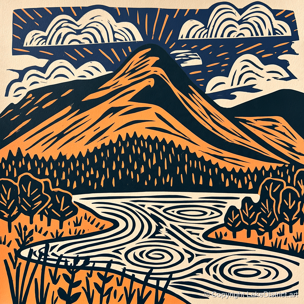 Catbells in Terracotta and Navy - lake district fell art print and canvas by Leon Baxter A.I