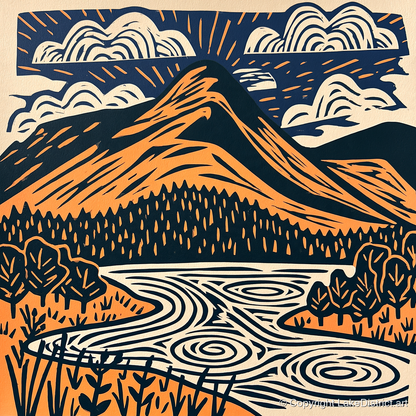 Catbells in Terracotta and Navy - lake district fell art print and canvas by Leon Baxter A.I