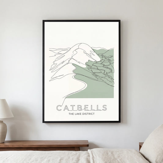 Catbells travel poster in a black frame, hanging in a bedroom3