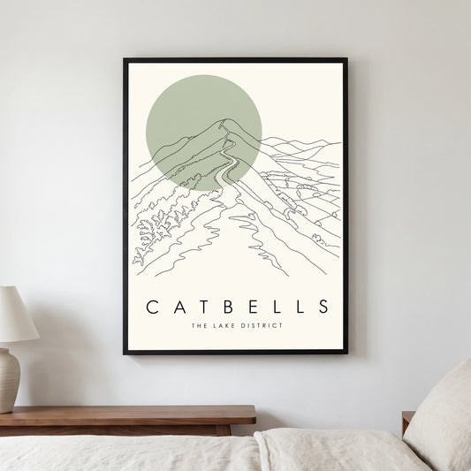 Catbells travel poster in a black frame, hanging in a bedroom3