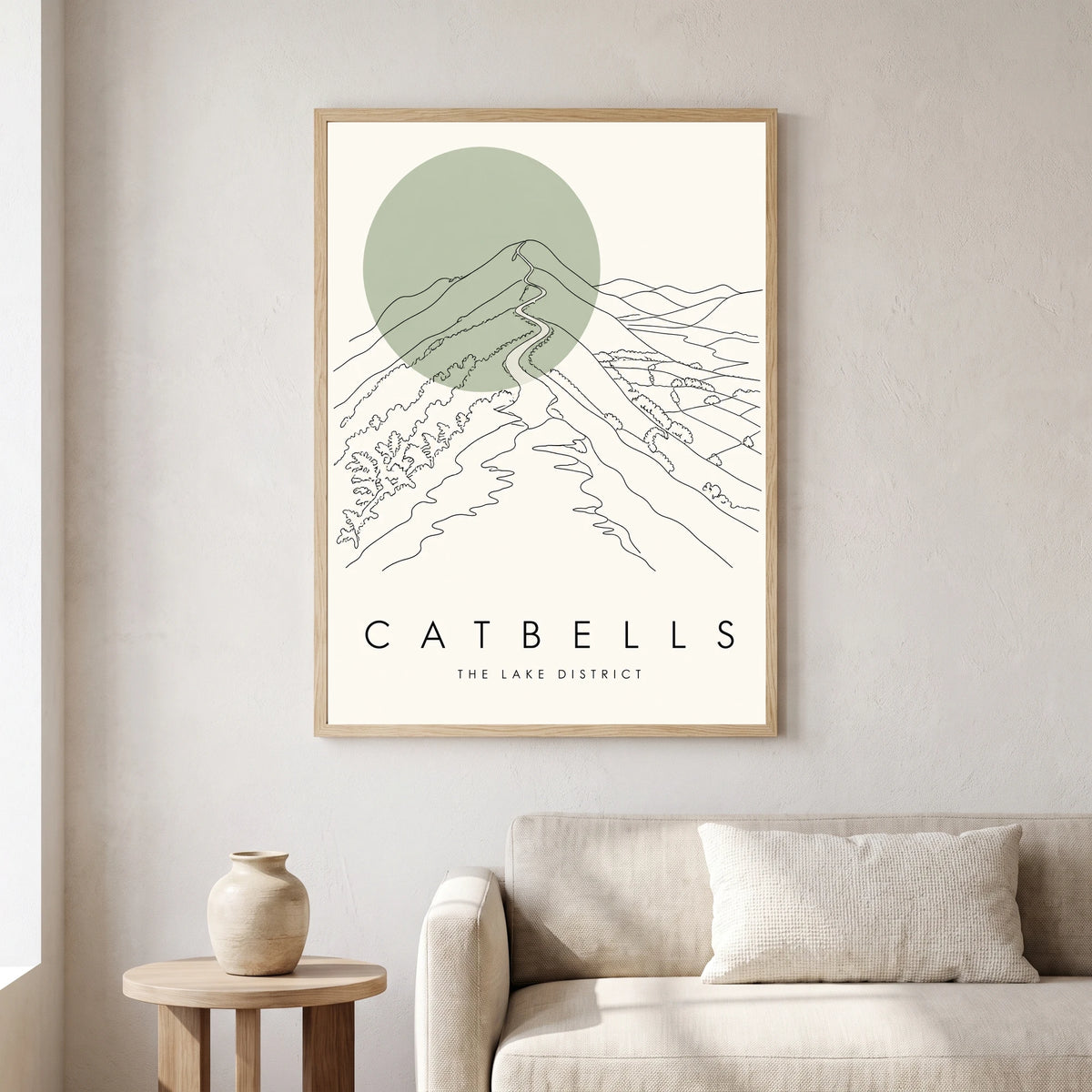 Catbells travel poster in a natural frame, hanging in a living