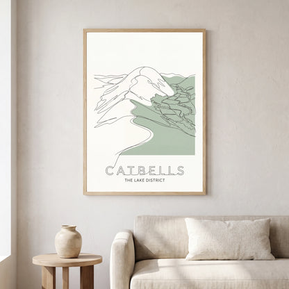 Catbells travel poster in a natural frame, hanging in a living
