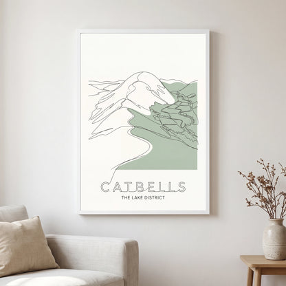 Catbells travel poster in a white frame, hanging in a living2