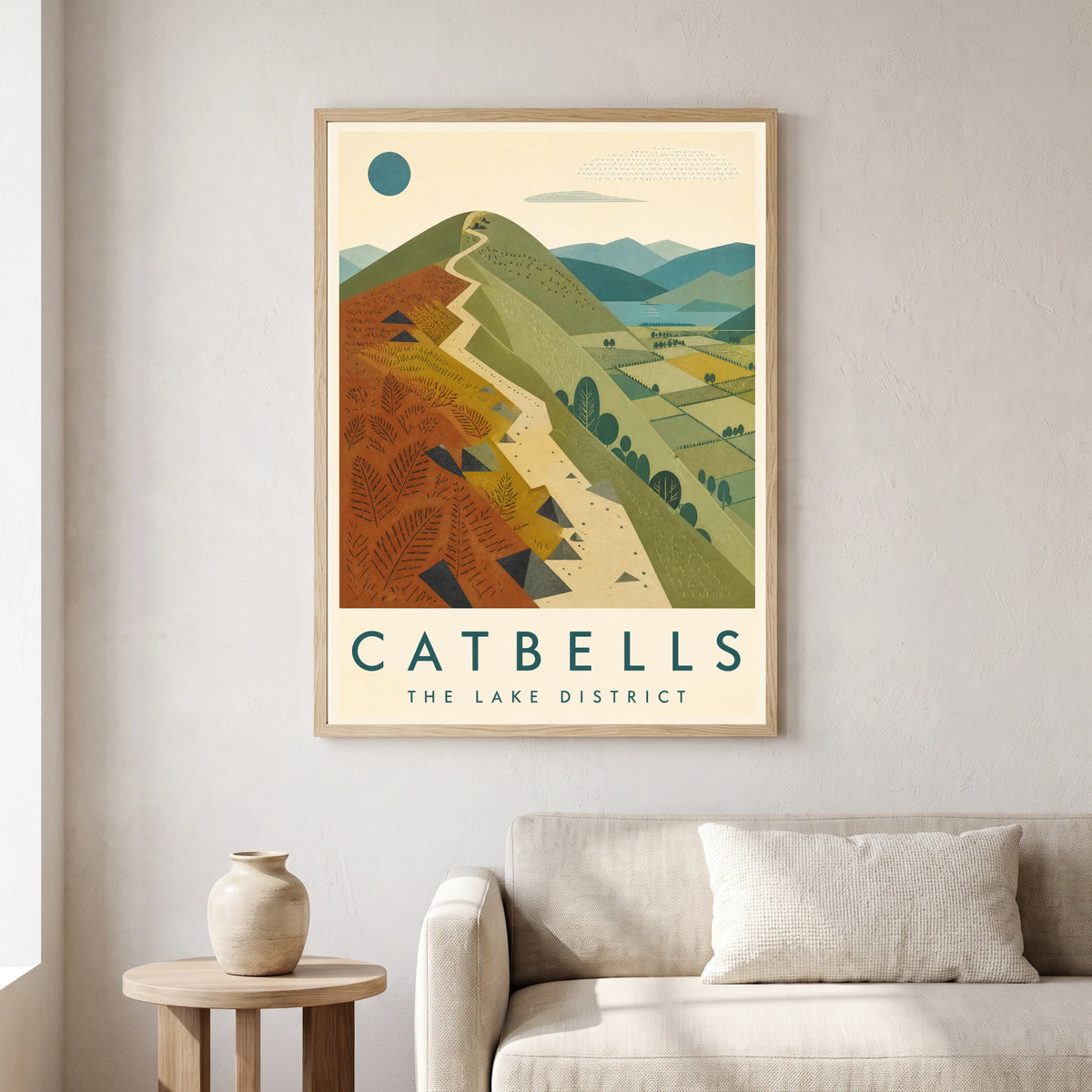 Catbells travel poster in a natural frame, hanging in a living