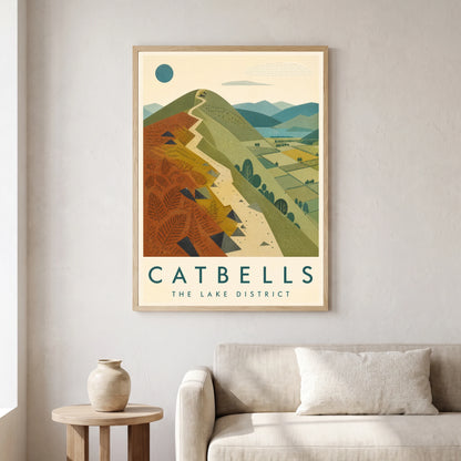 Catbells travel poster in a natural frame, hanging in a living