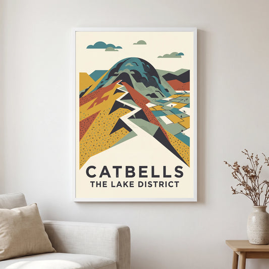 Catbells travel poster in a white frame, hanging in a living2