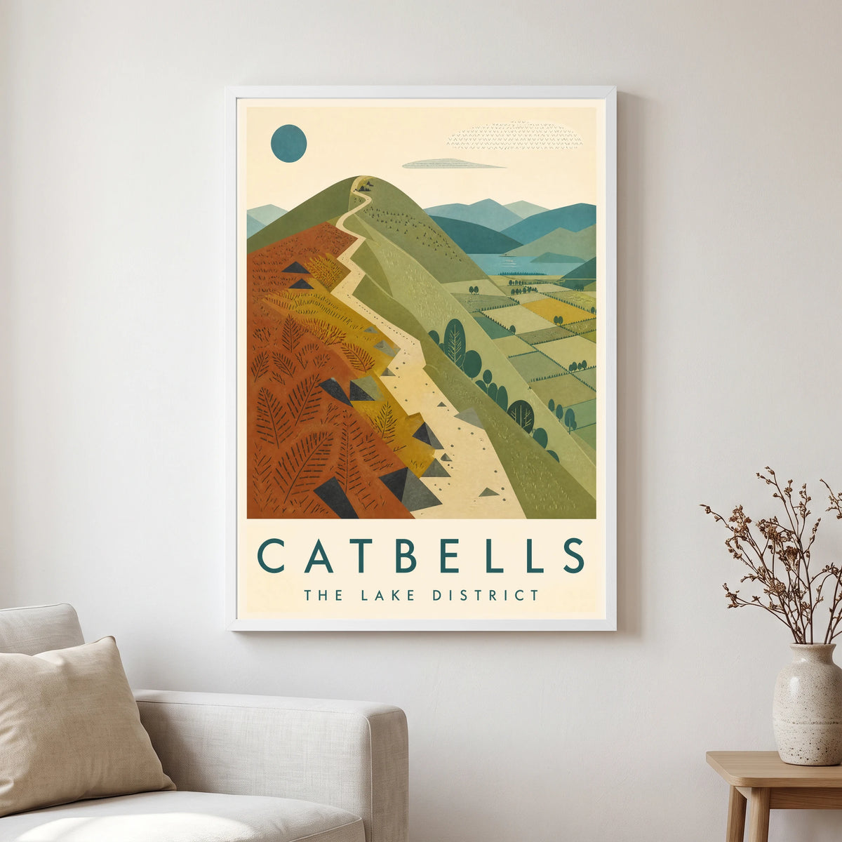 Catbells travel poster in a white frame, hanging in a living2
