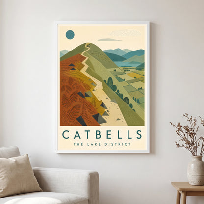 Catbells travel poster in a white frame, hanging in a living2