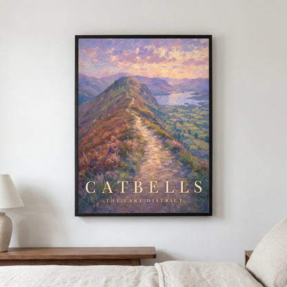 Catbells travel poster in a black frame, hanging in a bedroom3