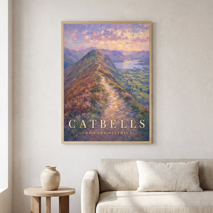 Catbells travel poster in a natural frame, hanging in a living