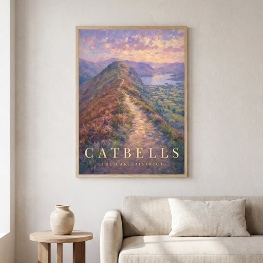 Catbells travel poster in a natural frame, hanging in a living