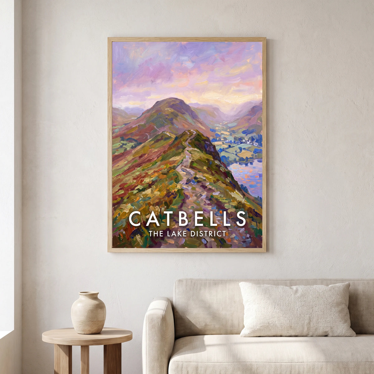 Catbells travel poster in a natural frame, hanging in a living