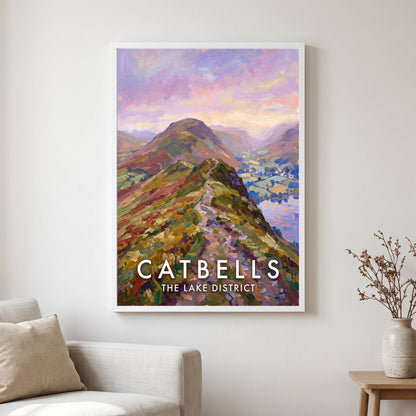 Catbells travel poster in a white frame, hanging in a living2