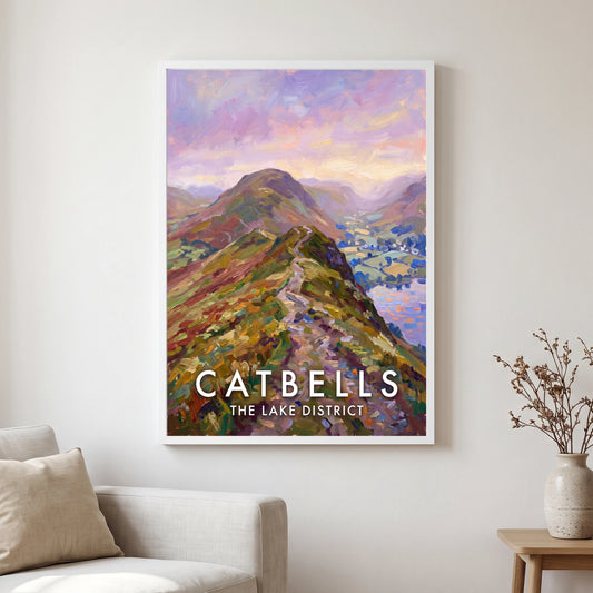 Catbells travel poster in a white frame, hanging in a living2