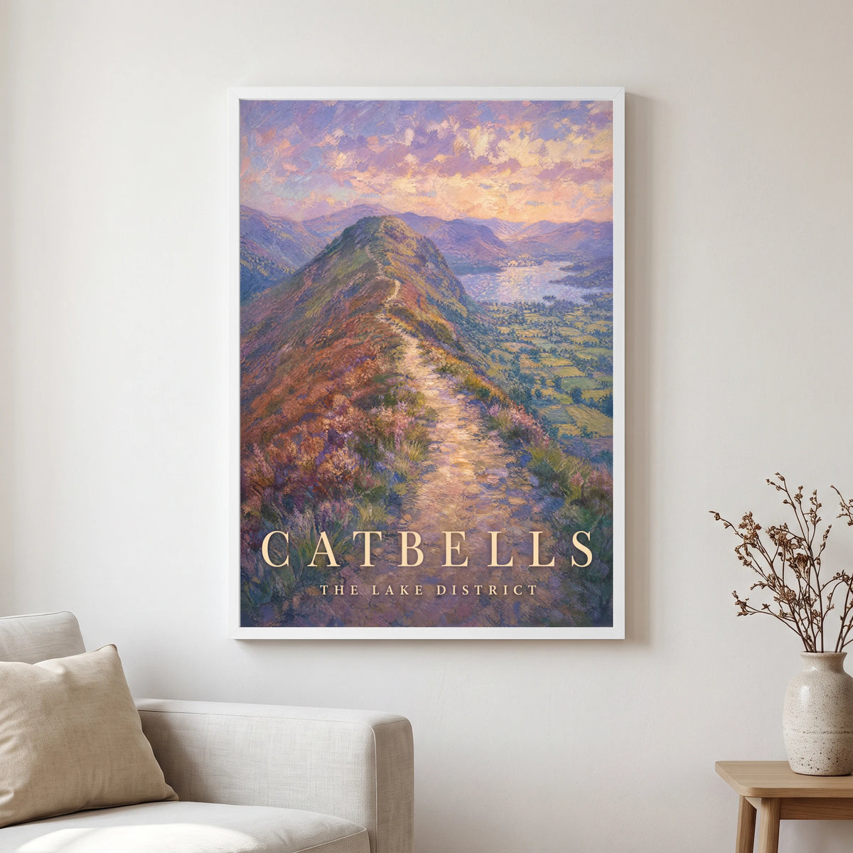 Catbells travel poster in a white frame, hanging in a living2