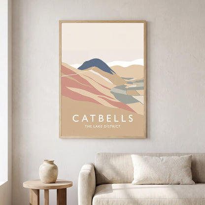 Catbells travel poster in a natural frame, hanging in a living