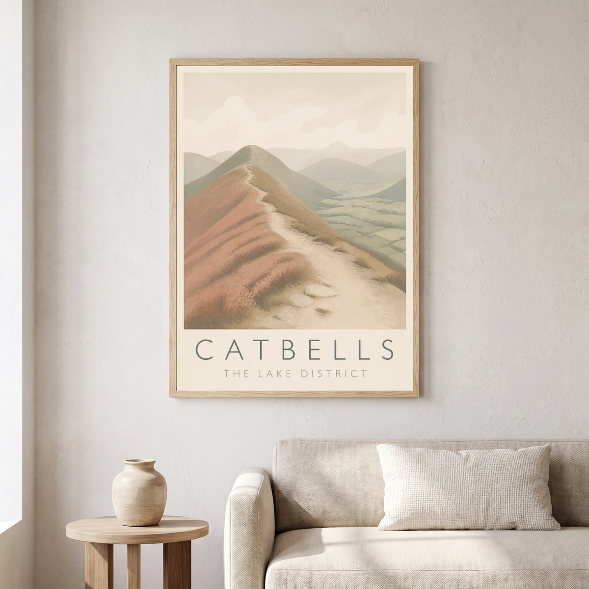 Catbells travel poster in a natural frame, hanging in a living