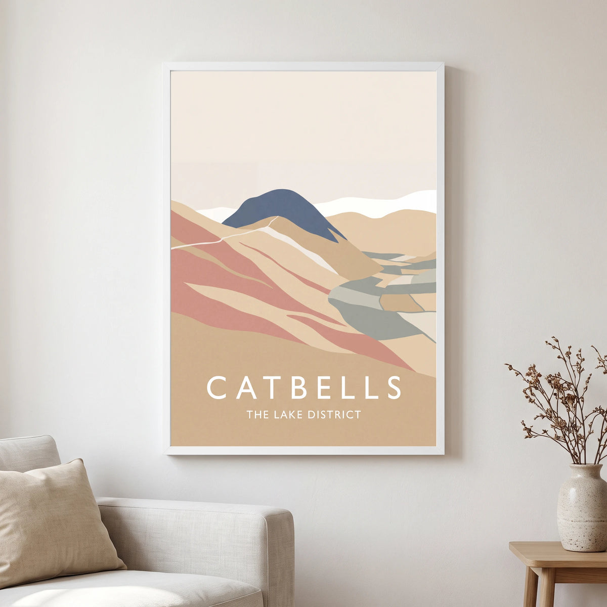 Catbells travel poster in a white frame, hanging in a living2