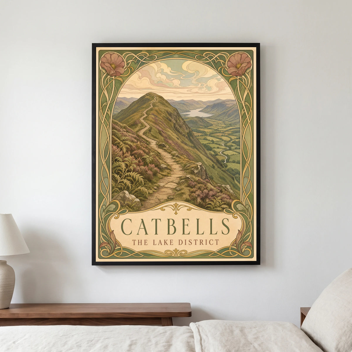 Catbells travel poster in a black frame, hanging in a bedroom3