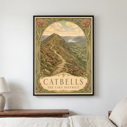Catbells travel poster in a black frame, hanging in a bedroom3