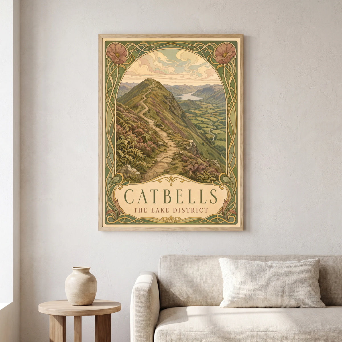 Catbells travel poster in a natural frame, hanging in a living