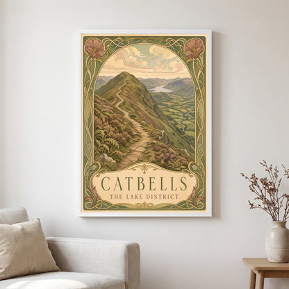 Catbells travel poster in a white frame, hanging in a living2