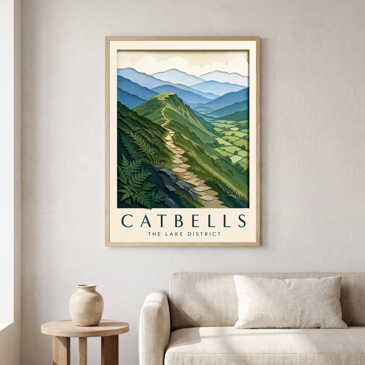 Catbells travel poster in a natural frame, hanging in a living