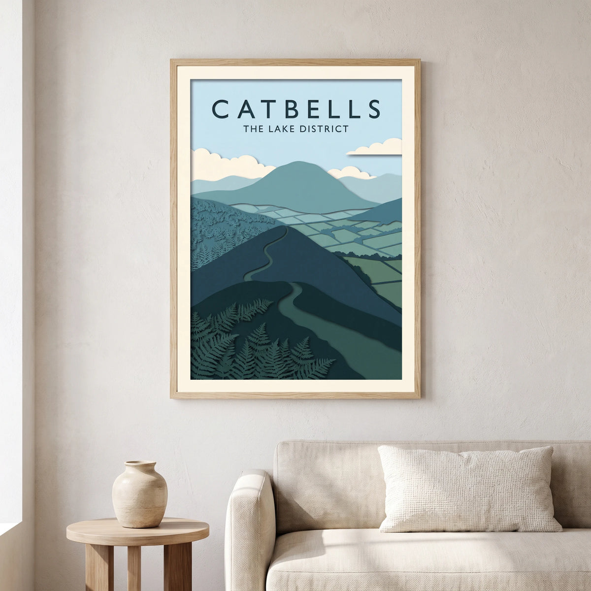 Catbells travel poster in a natural frame, hanging in a living