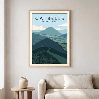 Catbells travel poster in a natural frame, hanging in a living