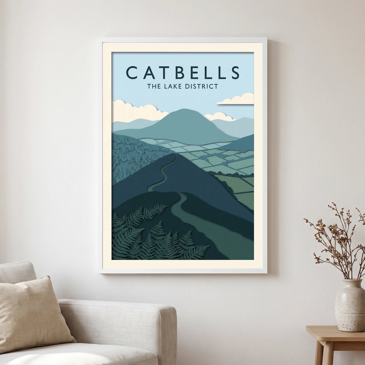 Catbells travel poster in a white frame, hanging in a living2