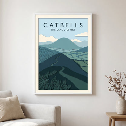 Catbells travel poster in a white frame, hanging in a living2